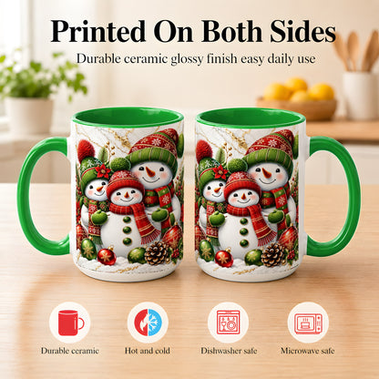 #pl[15oz|Green] Christmas Snowman Family Coffee Mug, Red Green Snowman Mug, Ceramic Cup