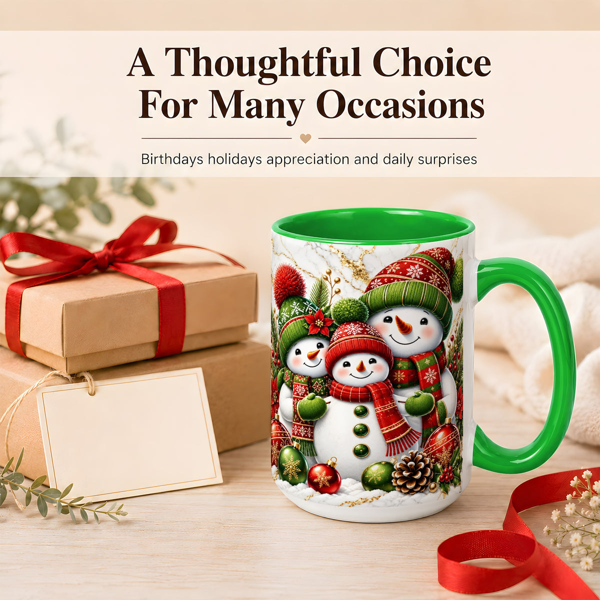 #pl[15oz|Green] Christmas Snowman Family Coffee Mug, Red Green Snowman Mug, Ceramic Cup