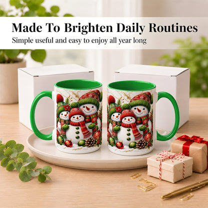 #pl[15oz|Green] Christmas Snowman Family Coffee Mug, Red Green Snowman Mug, Ceramic Cup