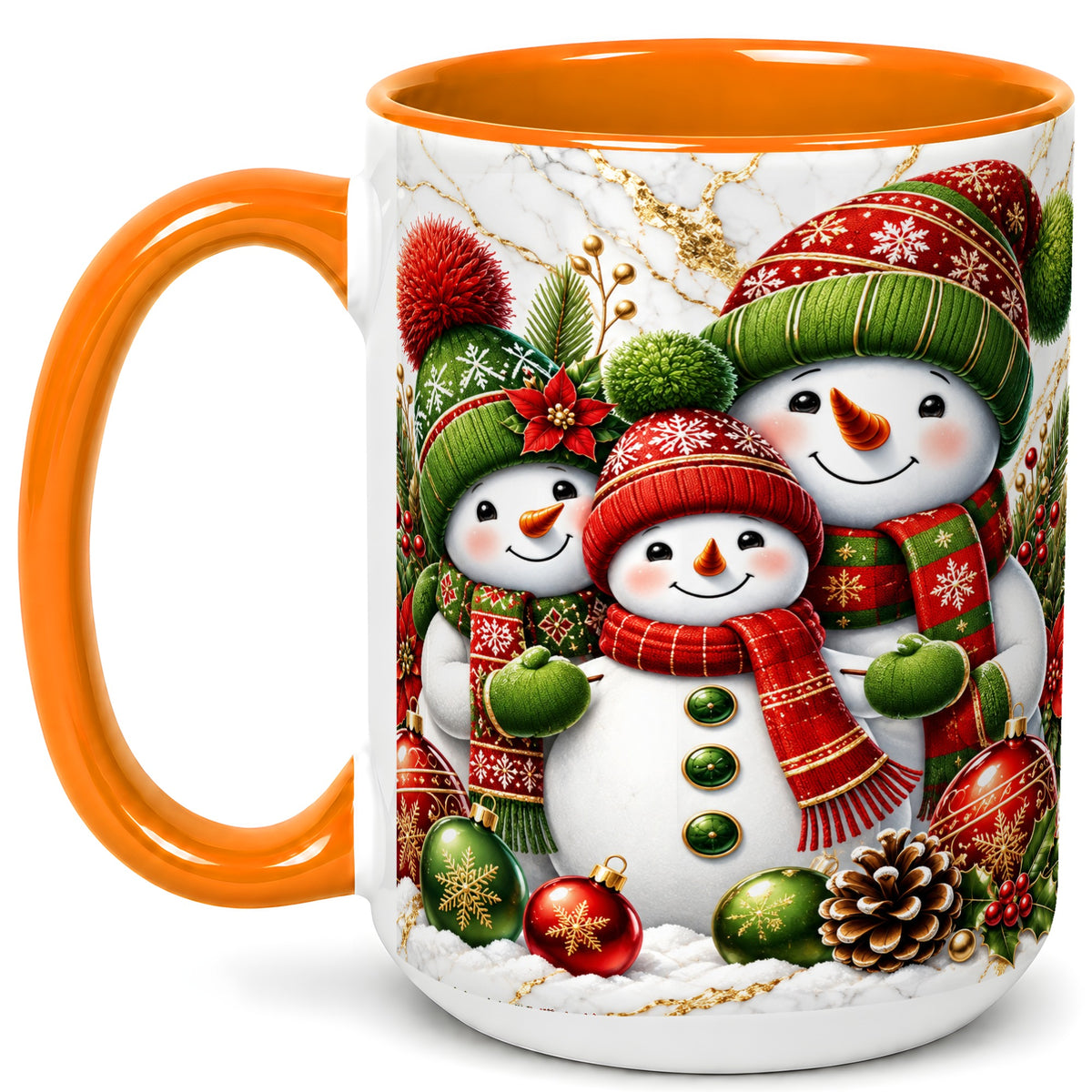 #pl[15oz|Orange] Christmas Snowman Family Coffee Mug, Red Green Snowman Mug, Ceramic Cup