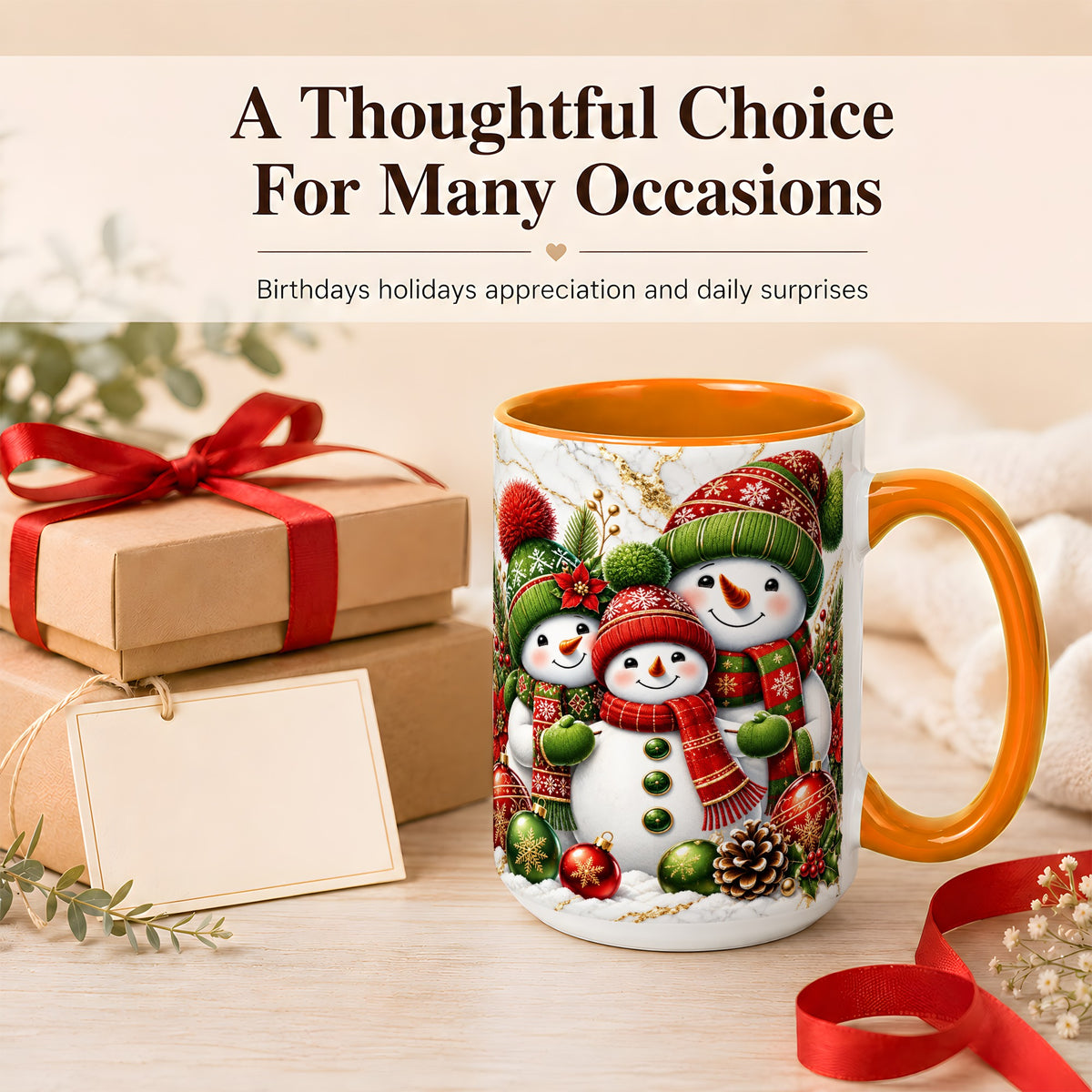 #pl[15oz|Orange] Christmas Snowman Family Coffee Mug, Red Green Snowman Mug, Ceramic Cup