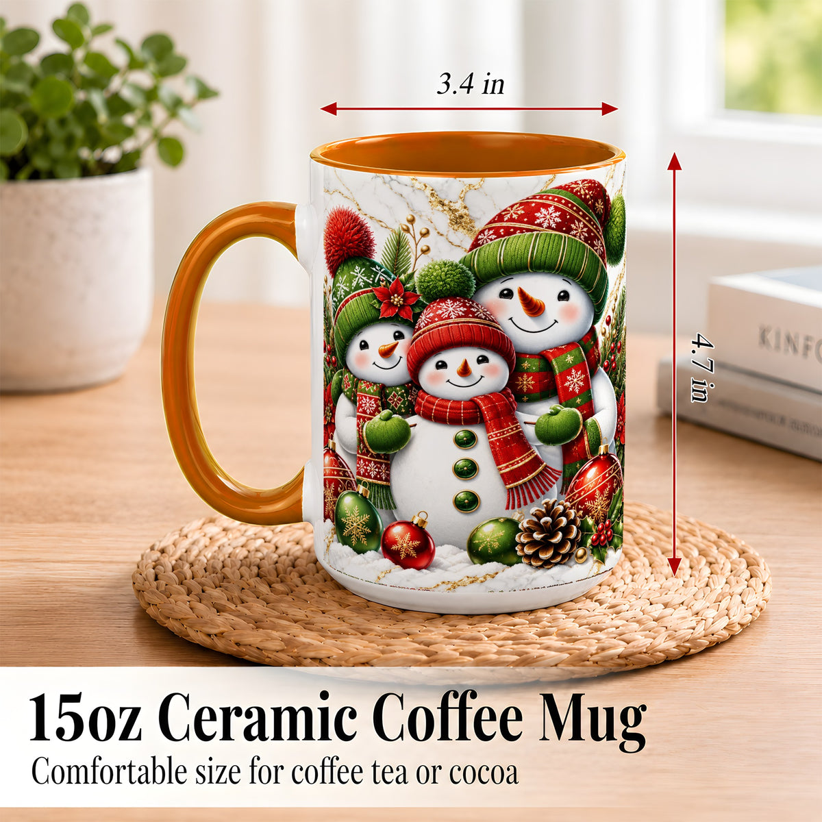 #pl[15oz|Orange] Christmas Snowman Family Coffee Mug, Red Green Snowman Mug, Ceramic Cup