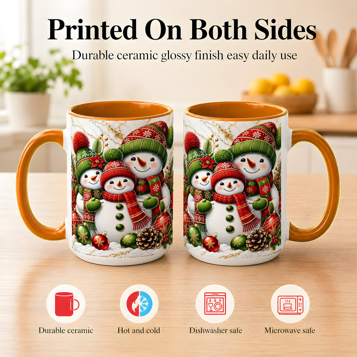 #pl[15oz|Orange] Christmas Snowman Family Coffee Mug, Red Green Snowman Mug, Ceramic Cup