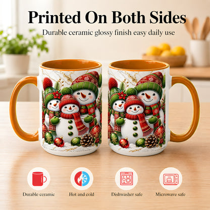 #pl[15oz|Orange] Christmas Snowman Family Coffee Mug, Red Green Snowman Mug, Ceramic Cup