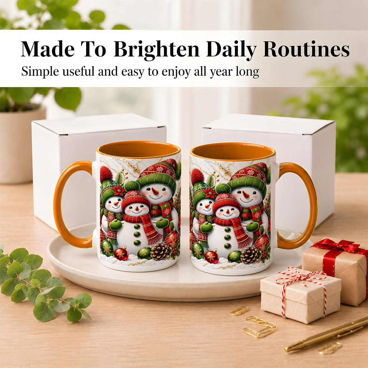 #pl[15oz|Orange] Christmas Snowman Family Coffee Mug, Red Green Snowman Mug, Ceramic Cup