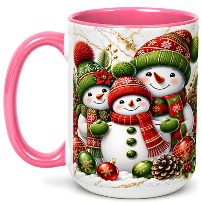 #pl[15oz|Pink] Christmas Snowman Family Coffee Mug, Red Green Snowman Mug, Ceramic Cup