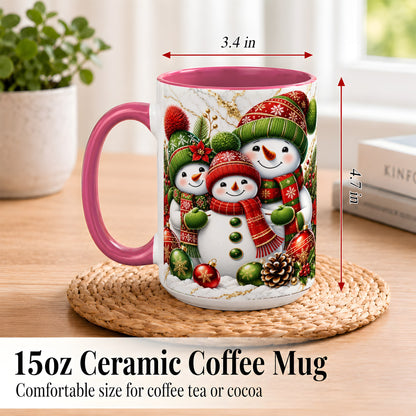 #pl[15oz|Pink] Christmas Snowman Family Coffee Mug, Red Green Snowman Mug, Ceramic Cup