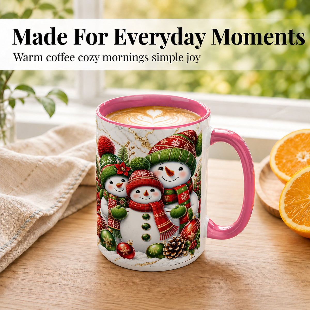 #pl[15oz|Pink] Christmas Snowman Family Coffee Mug, Red Green Snowman Mug, Ceramic Cup