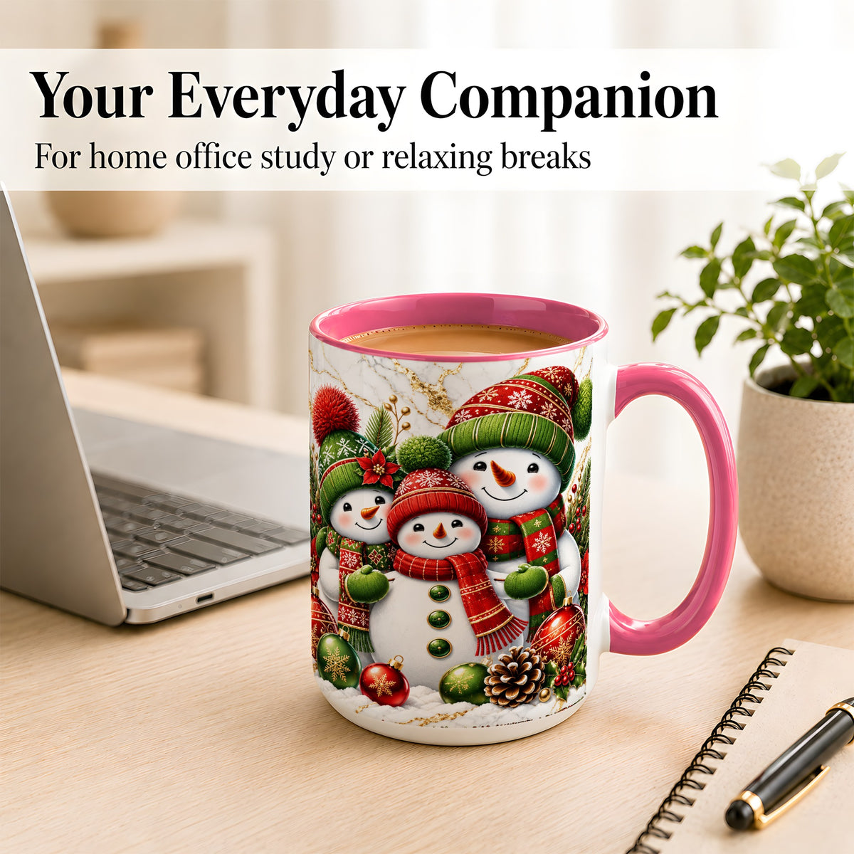 #pl[15oz|Pink] Christmas Snowman Family Coffee Mug, Red Green Snowman Mug, Ceramic Cup