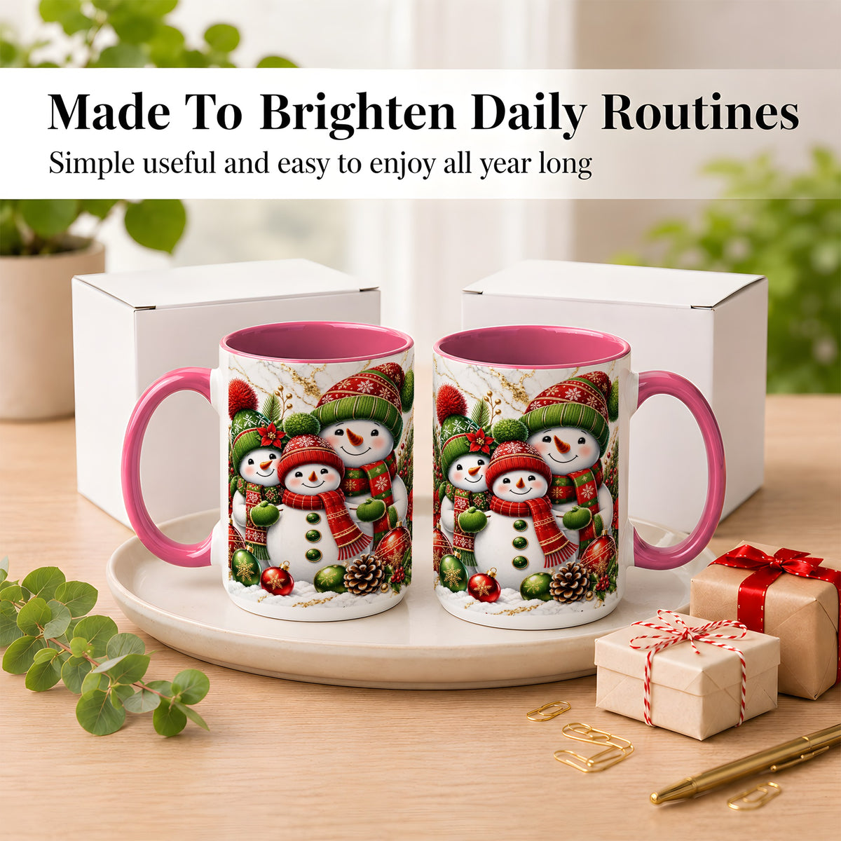 #pl[15oz|Pink] Christmas Snowman Family Coffee Mug, Red Green Snowman Mug, Ceramic Cup
