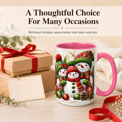 #pl[15oz|Pink] Christmas Snowman Family Coffee Mug, Red Green Snowman Mug, Ceramic Cup