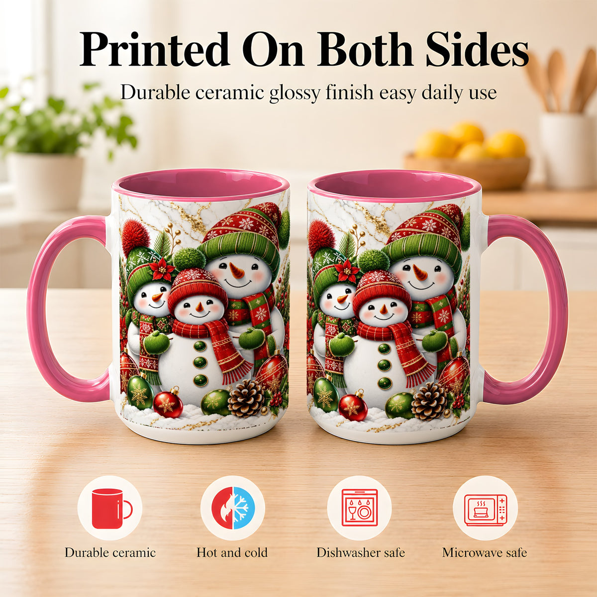 #pl[15oz|Pink] Christmas Snowman Family Coffee Mug, Red Green Snowman Mug, Ceramic Cup