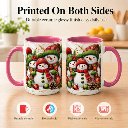 #pl[15oz|Pink] Christmas Snowman Family Coffee Mug, Red Green Snowman Mug, Ceramic Cup