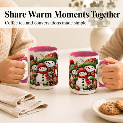 #pl[15oz|Pink] Christmas Snowman Family Coffee Mug, Red Green Snowman Mug, Ceramic Cup