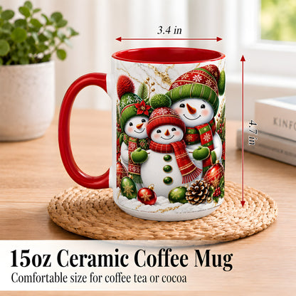 #pl[15oz|Red] Christmas Snowman Family Coffee Mug, Red Green Snowman Mug, Ceramic Cup