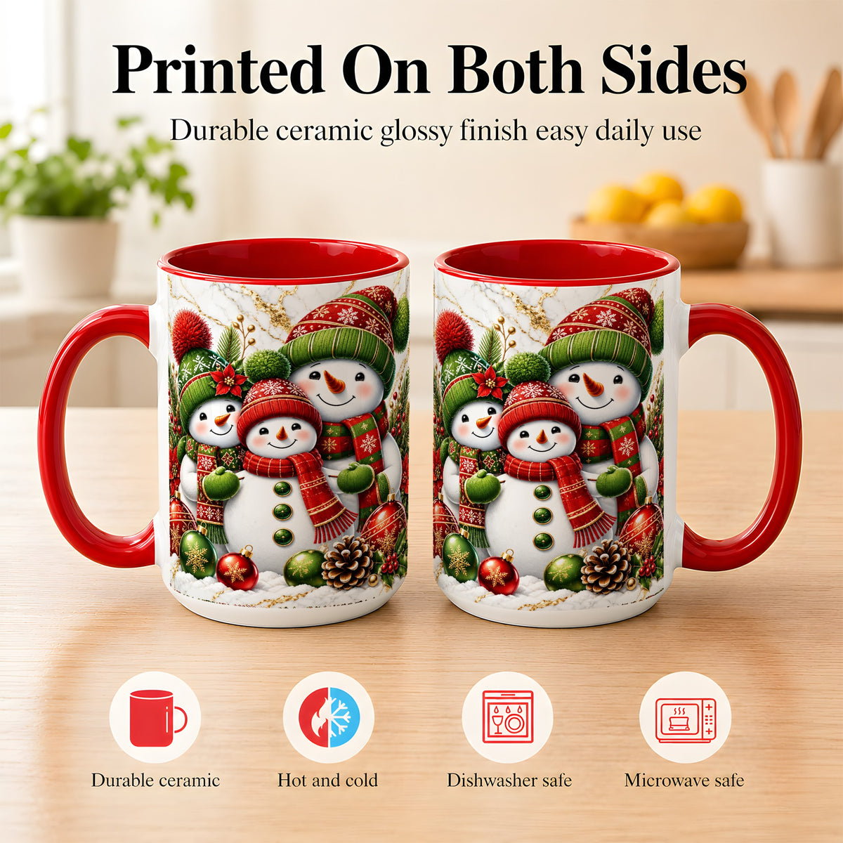 #pl[15oz|Red] Christmas Snowman Family Coffee Mug, Red Green Snowman Mug, Ceramic Cup