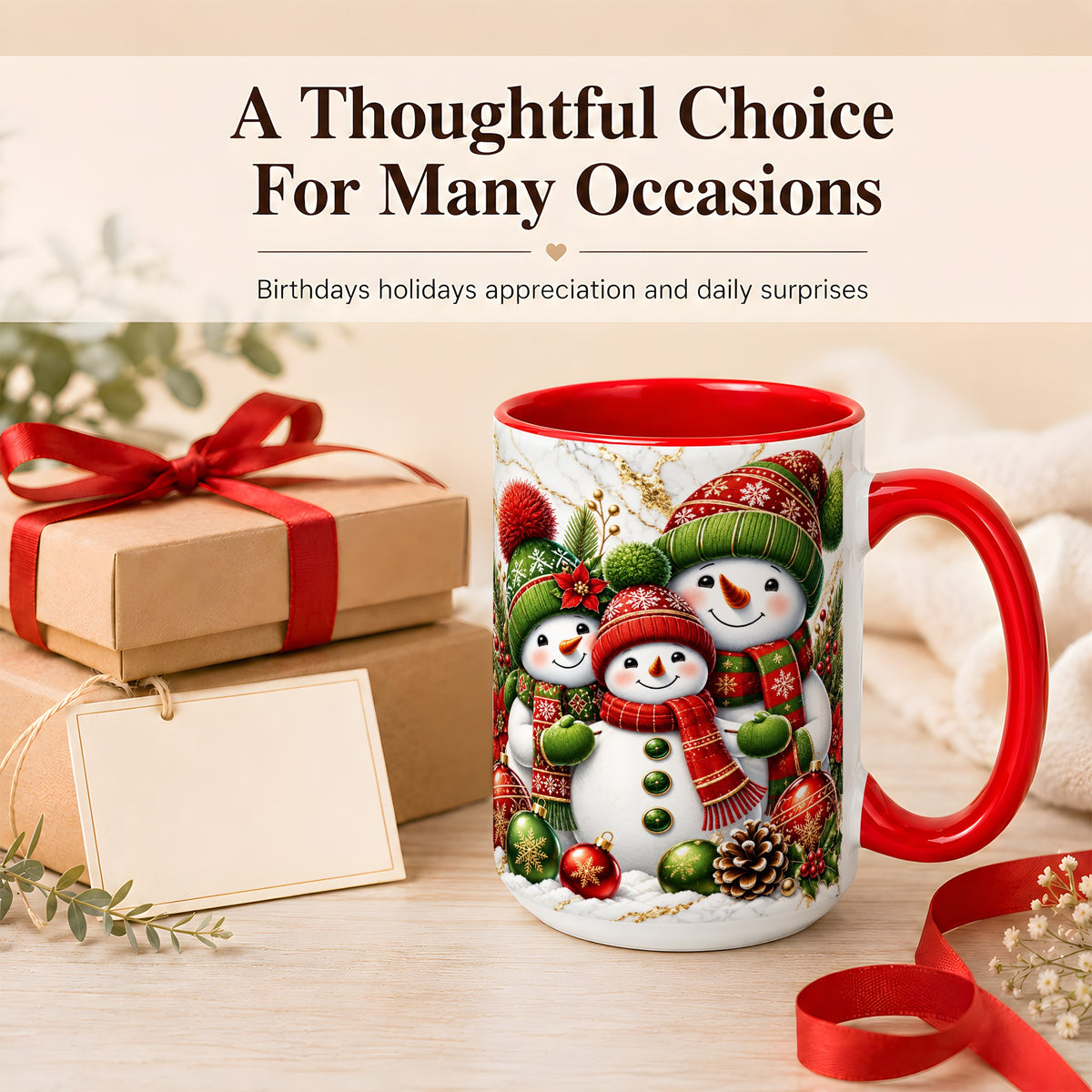#pl[15oz|Red] Christmas Snowman Family Coffee Mug, Red Green Snowman Mug, Ceramic Cup