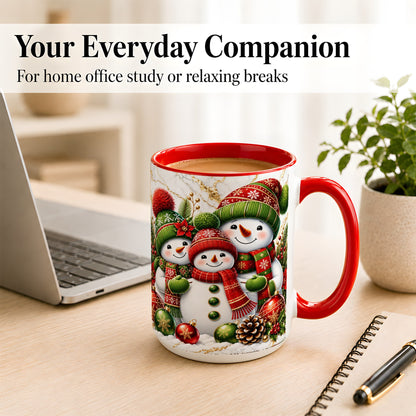#pl[15oz|Red] Christmas Snowman Family Coffee Mug, Red Green Snowman Mug, Ceramic Cup