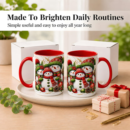 #pl[15oz|Red] Christmas Snowman Family Coffee Mug, Red Green Snowman Mug, Ceramic Cup
