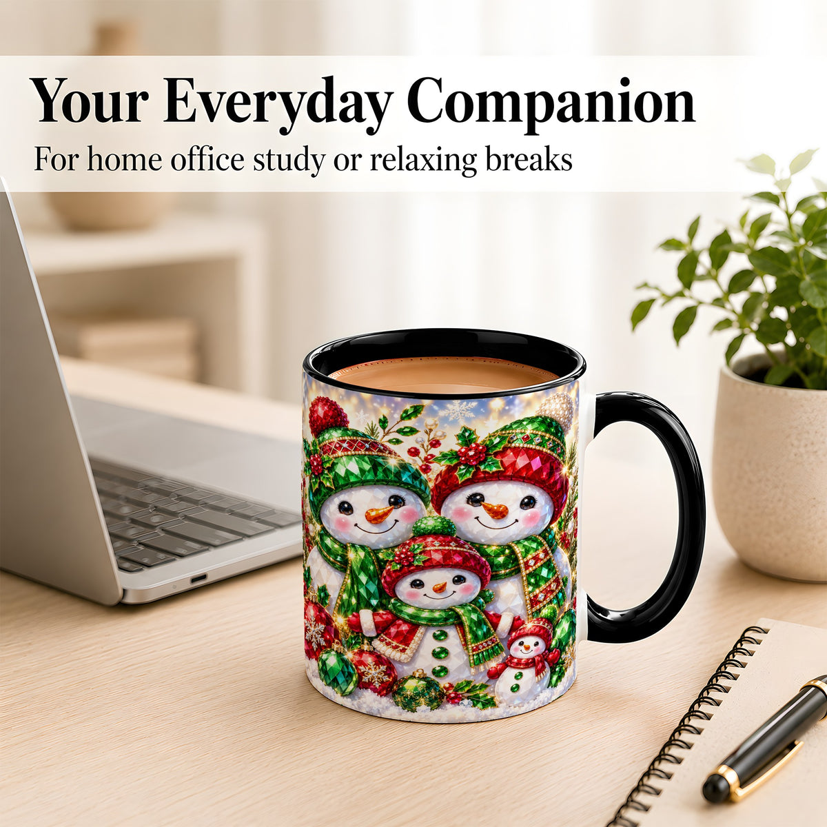 #pl[11oz|Black] Jeweled Snowman Family Coffee Mug, Christmas Snowman Mug, Ceramic Cup