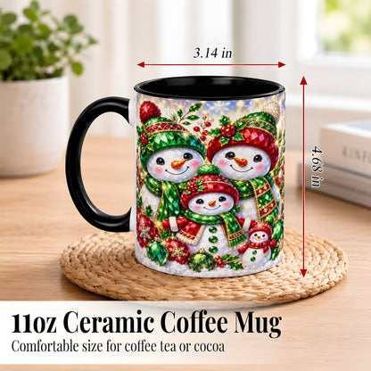 #pl[11oz|Black] Jeweled Snowman Family Coffee Mug, Christmas Snowman Mug, Ceramic Cup