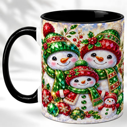 #pl[11oz|Black] Jeweled Snowman Family Coffee Mug, Christmas Snowman Mug, Ceramic Cup