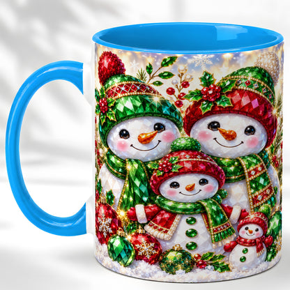 #pl[11oz|Blue] Jeweled Snowman Family Coffee Mug, Christmas Snowman Mug, Ceramic Cup