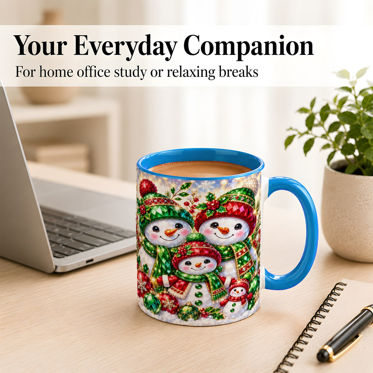 #pl[11oz|Blue] Jeweled Snowman Family Coffee Mug, Christmas Snowman Mug, Ceramic Cup