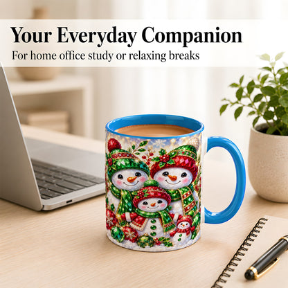 #pl[11oz|Blue] Jeweled Snowman Family Coffee Mug, Christmas Snowman Mug, Ceramic Cup
