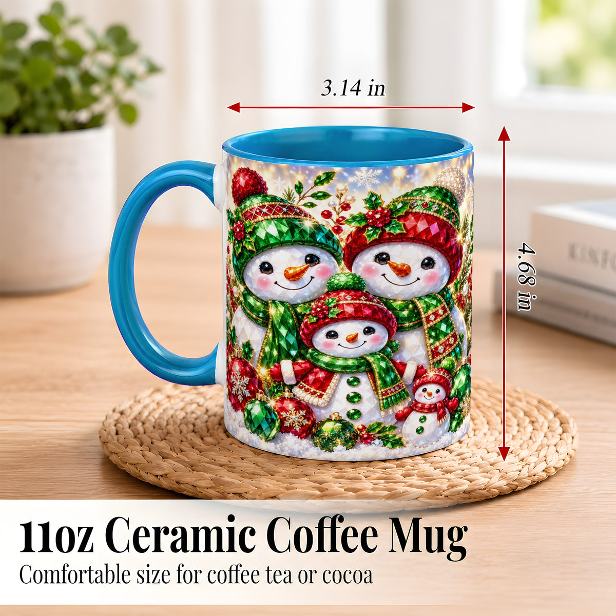 #pl[11oz|Blue] Jeweled Snowman Family Coffee Mug, Christmas Snowman Mug, Ceramic Cup
