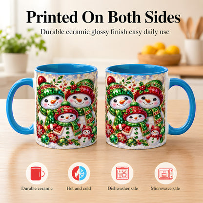 #pl[11oz|Blue] Jeweled Snowman Family Coffee Mug, Christmas Snowman Mug, Ceramic Cup