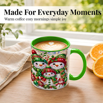 #pl[11oz|Green] Jeweled Snowman Family Coffee Mug, Christmas Snowman Mug, Ceramic Cup
