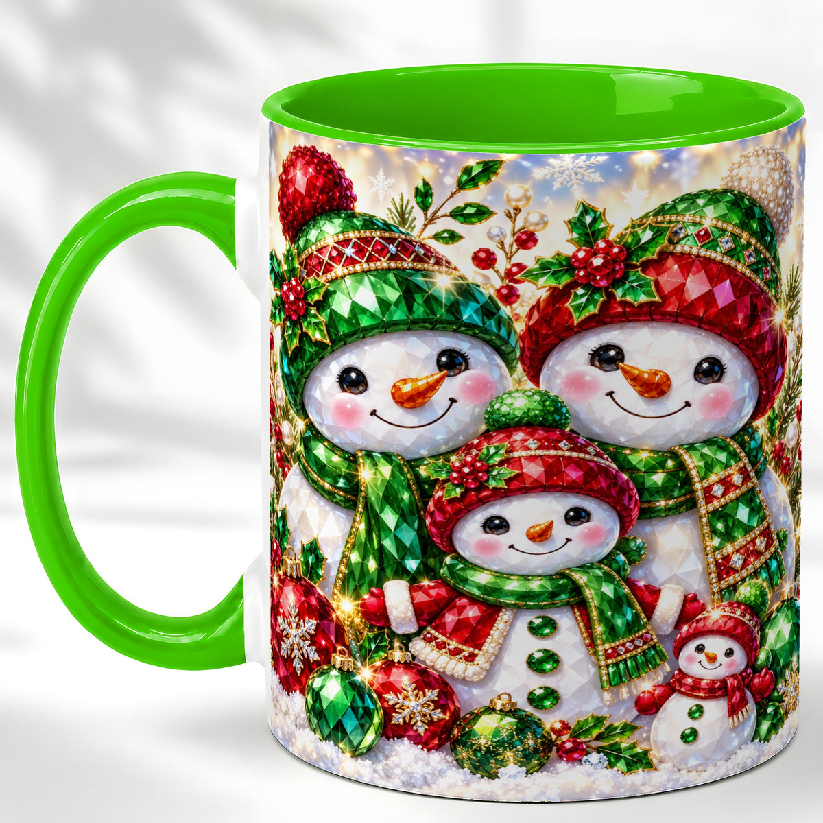 #pl[11oz|Green] Jeweled Snowman Family Coffee Mug, Christmas Snowman Mug, Ceramic Cup