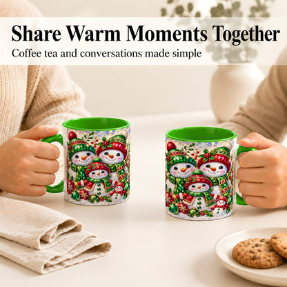 #pl[11oz|Green] Jeweled Snowman Family Coffee Mug, Christmas Snowman Mug, Ceramic Cup