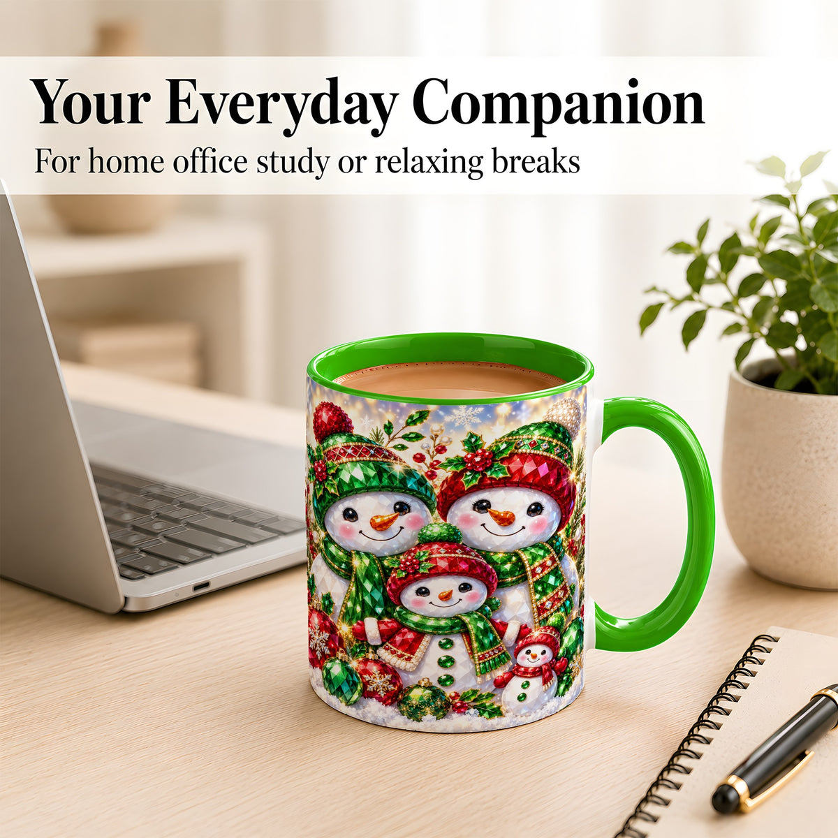 #pl[11oz|Green] Jeweled Snowman Family Coffee Mug, Christmas Snowman Mug, Ceramic Cup