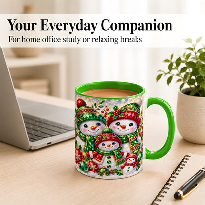 #pl[11oz|Green] Jeweled Snowman Family Coffee Mug, Christmas Snowman Mug, Ceramic Cup