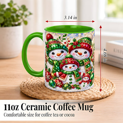 #pl[11oz|Green] Jeweled Snowman Family Coffee Mug, Christmas Snowman Mug, Ceramic Cup