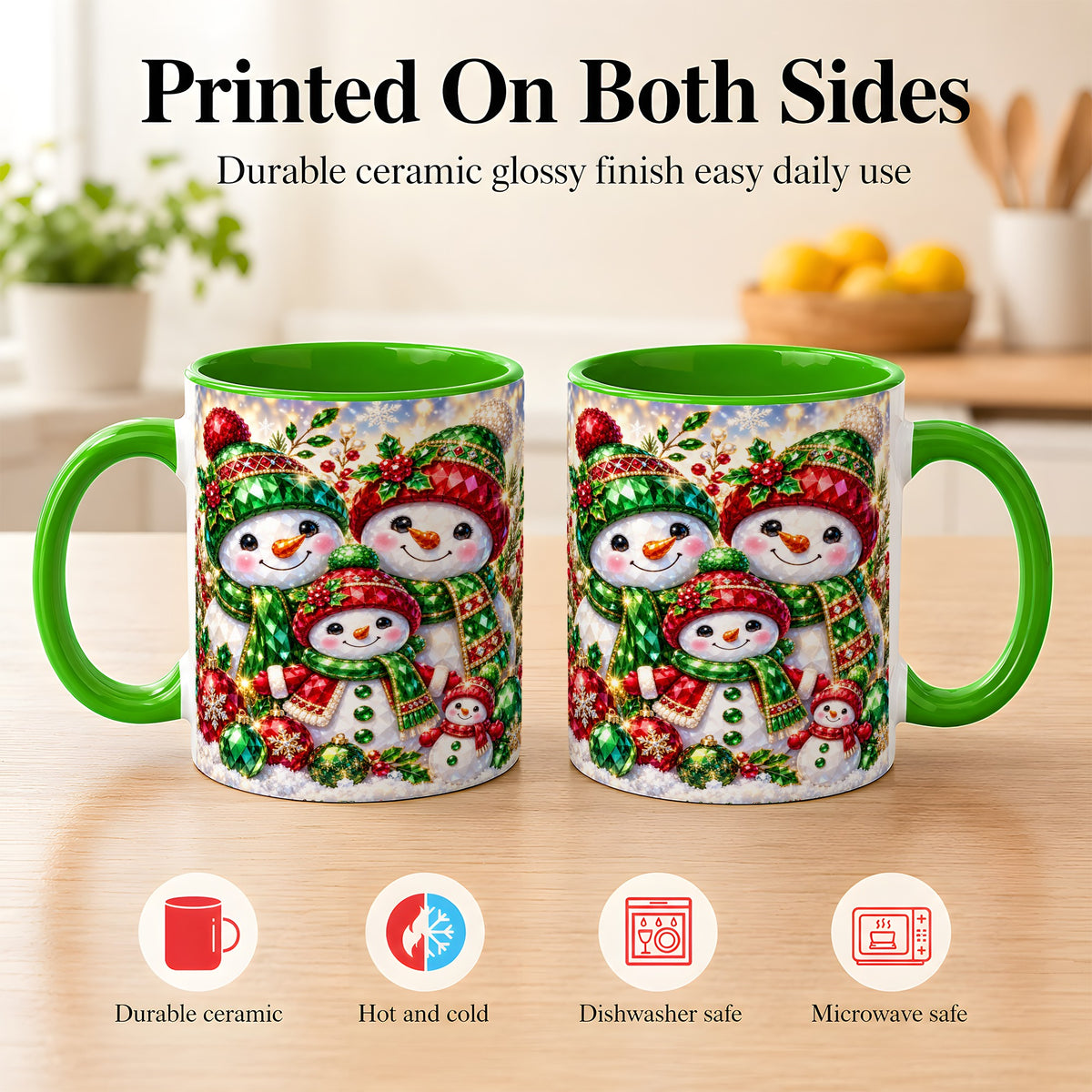 #pl[11oz|Green] Jeweled Snowman Family Coffee Mug, Christmas Snowman Mug, Ceramic Cup