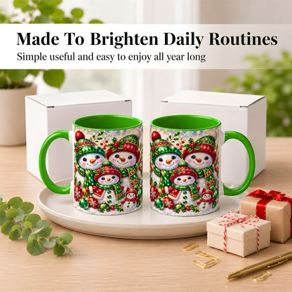#pl[11oz|Green] Jeweled Snowman Family Coffee Mug, Christmas Snowman Mug, Ceramic Cup