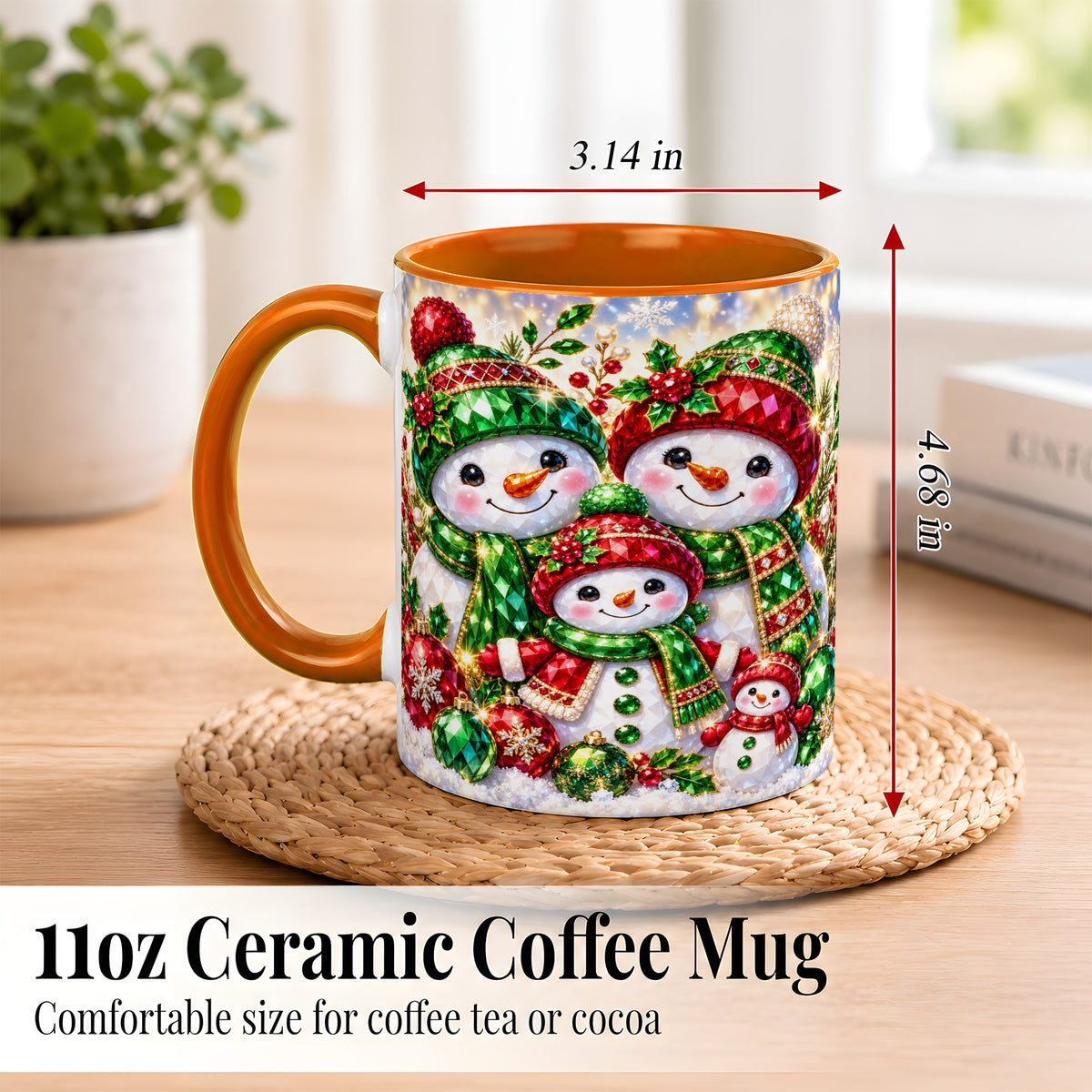 #pl[11oz|Orange] Jeweled Snowman Family Coffee Mug, Christmas Snowman Mug, Ceramic Cup