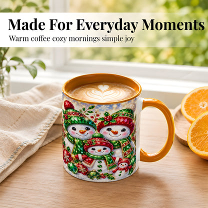 #pl[11oz|Orange] Jeweled Snowman Family Coffee Mug, Christmas Snowman Mug, Ceramic Cup