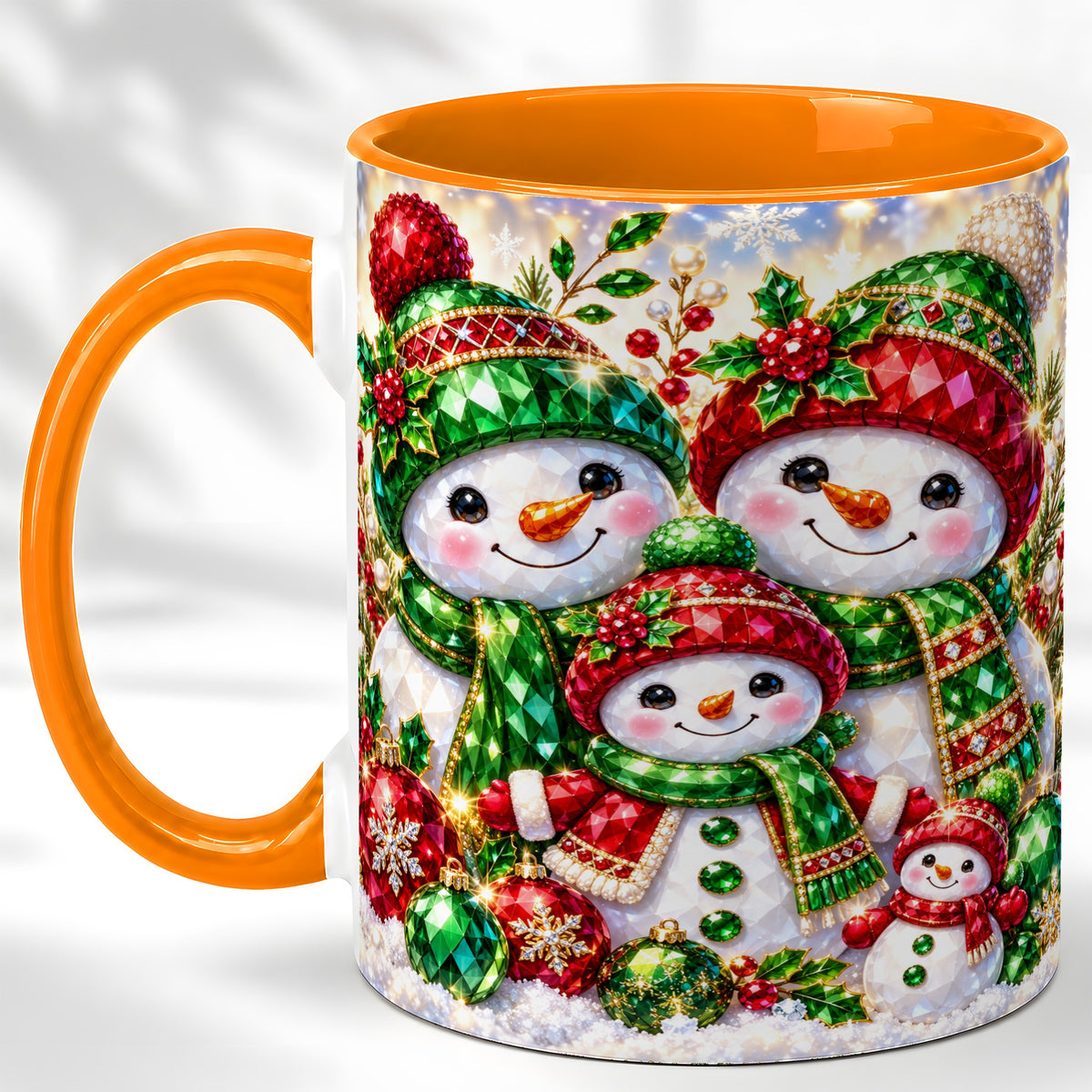 #pl[11oz|Orange] Jeweled Snowman Family Coffee Mug, Christmas Snowman Mug, Ceramic Cup