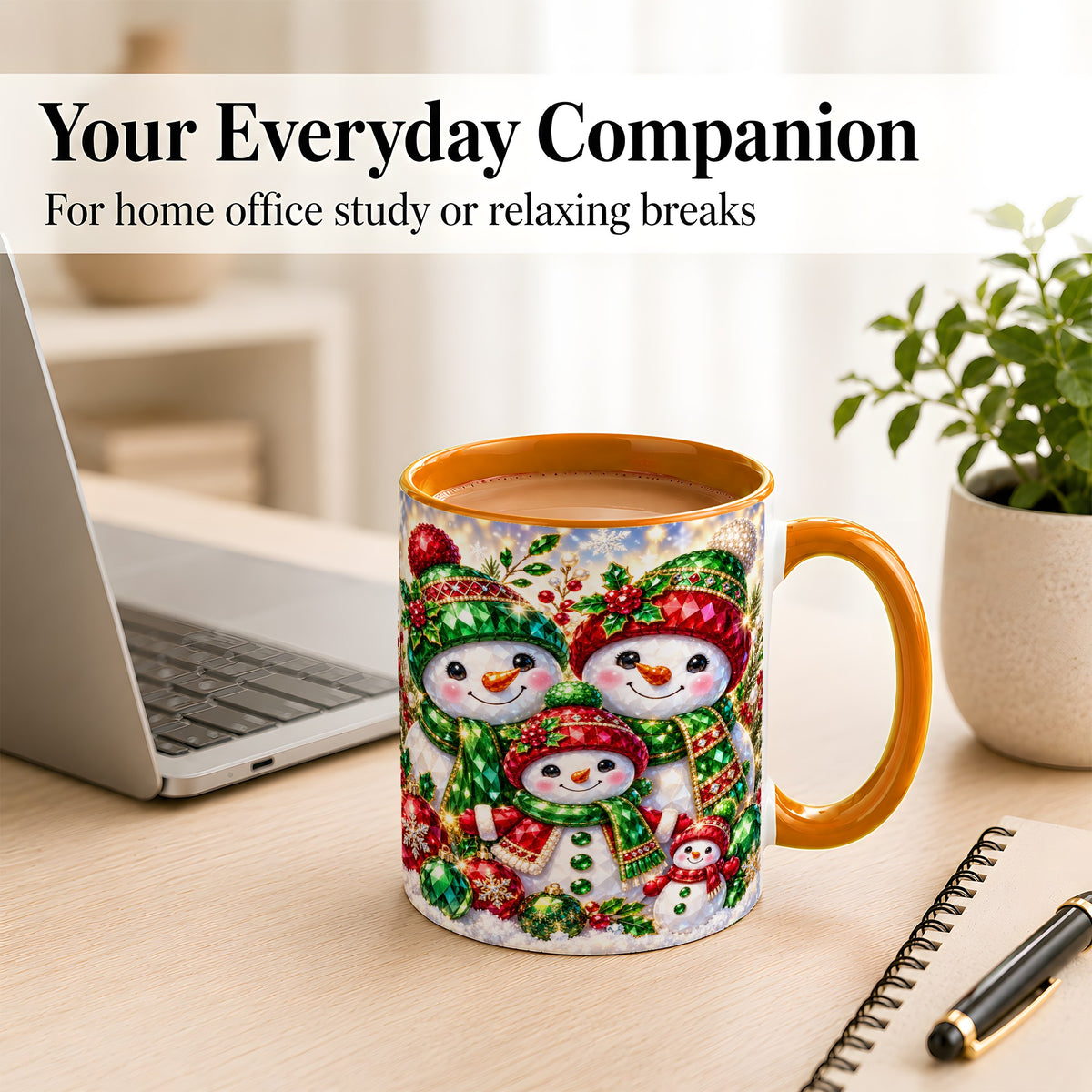 #pl[11oz|Orange] Jeweled Snowman Family Coffee Mug, Christmas Snowman Mug, Ceramic Cup