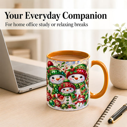 #pl[11oz|Orange] Jeweled Snowman Family Coffee Mug, Christmas Snowman Mug, Ceramic Cup