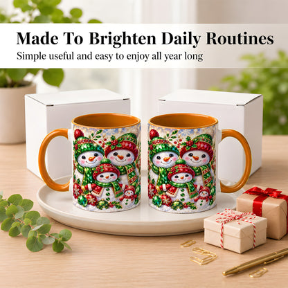 #pl[11oz|Orange] Jeweled Snowman Family Coffee Mug, Christmas Snowman Mug, Ceramic Cup