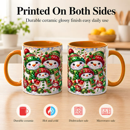 #pl[11oz|Orange] Jeweled Snowman Family Coffee Mug, Christmas Snowman Mug, Ceramic Cup