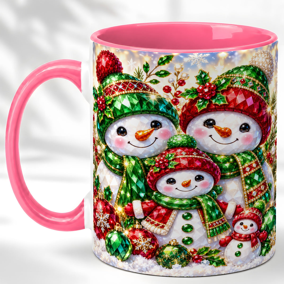 #pl[11oz|Pink] Jeweled Snowman Family Coffee Mug, Christmas Snowman Mug, Ceramic Cup