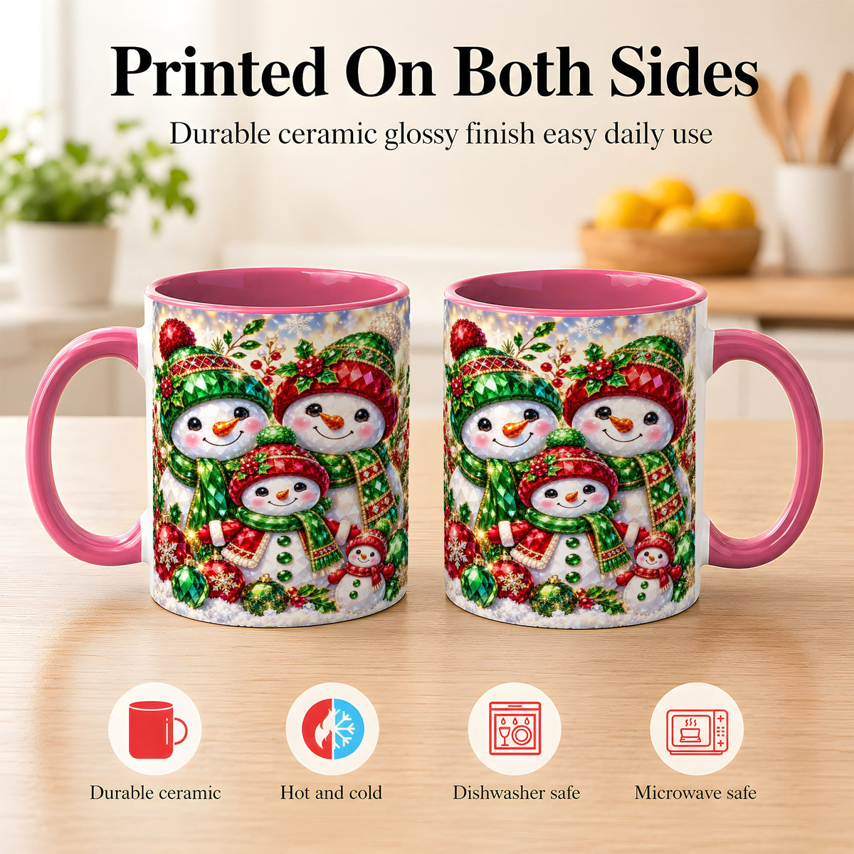 #pl[11oz|Pink] Jeweled Snowman Family Coffee Mug, Christmas Snowman Mug, Ceramic Cup