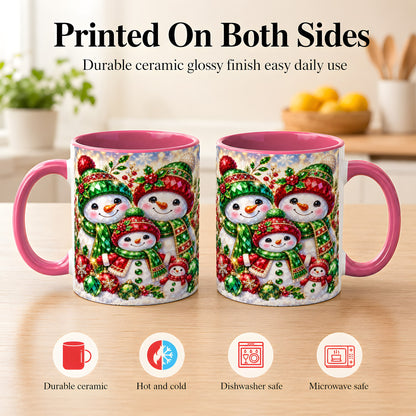 #pl[11oz|Pink] Jeweled Snowman Family Coffee Mug, Christmas Snowman Mug, Ceramic Cup
