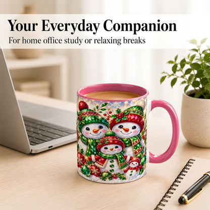 #pl[11oz|Pink] Jeweled Snowman Family Coffee Mug, Christmas Snowman Mug, Ceramic Cup